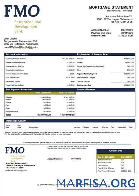 Printable Netherlands FMO Bank mortgage statement Word and PDF template